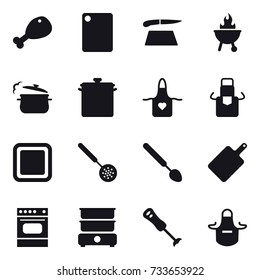 16 vector icon set : chicken leg, cutting board, bbq, steam pan, pan, apron, skimmer, big spoon