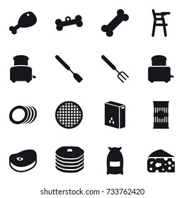 16 vector icon set : chicken leg, bone, Chair for babies, toaster, spatula, big fork, flour, cheese