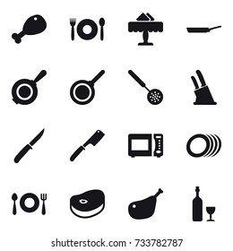 16 vector icon set : chicken leg, cafe, restaurant, pan, skimmer, knife holder, knife, chef knife, wine