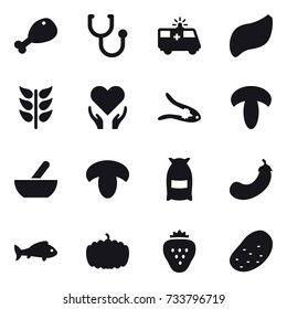 16 vector icon set : chicken leg, walnut crack, mortar, mushroom, flour, eggplant, fish, pumpkin, strawberry, potato