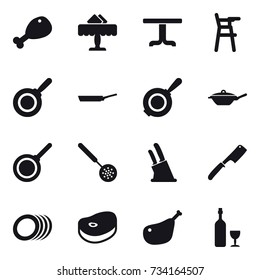 16 vector icon set : chicken leg, restaurant, table, Chair for babies, pan, skimmer, knife holder, chef knife, wine