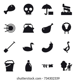 16 vector icon set : chicken leg, aquapark, kettle, sheep, shovel, goose, eggplant, foam bucket, cleanser, drying clothe, garden cleaning