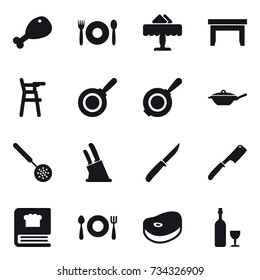 16 vector icon set : chicken leg, cafe, restaurant, table, Chair for babies, pan, skimmer, knife holder, knife, chef knife, wine