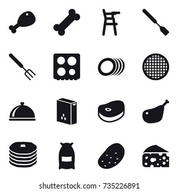 16 vector icon set : chicken leg, Chair for babies, spatula, big fork, flour, potato, cheese