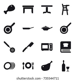 16 vector icon set : chicken leg, table, Chair for babies, pan, skimmer, chef knife, wine