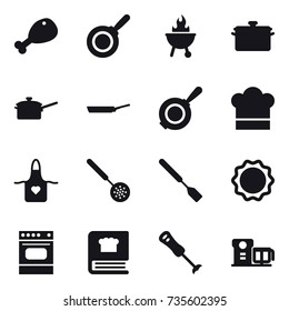16 vector icon set : chicken leg, pan, bbq, saute pan, cook hat, apron, skimmer, spatula