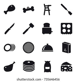 16 vector icon set : chicken leg, bone, Chair for babies, spatula, knife, meat hammer, flour, cheese