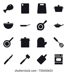 16 vector icon set : chicken leg, cutting board, pan, cauldron, cook glove, whisk, knife, meat hammer