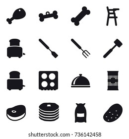 16 vector icon set : chicken leg, bone, Chair for babies, toaster, spatula, big fork, meat hammer, flour, potato
