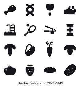 16 vector icon set : chicken leg, pool, tennis, garlic clasp, mushroom, tomato, strawberry, bread, potato