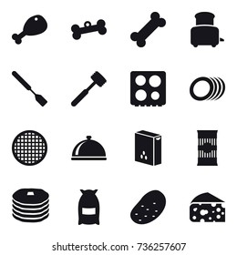 16 vector icon set : chicken leg, bone, toaster, spatula, meat hammer, flour, potato, cheese