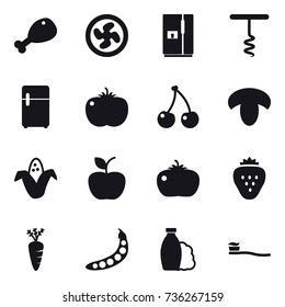 16 vector icon set : chicken leg, cooler fan, fridge, corkscrew, cherry, mushroom, corn, apple, tomato, strawberry, carrot, peas, shampoo, tooth brush