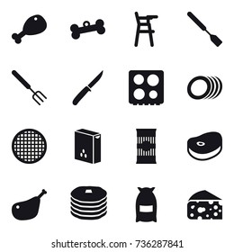 16 vector icon set : chicken leg, bone, Chair for babies, spatula, big fork, knife, flour, cheese