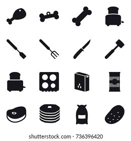 16 vector icon set : chicken leg, bone, toaster, spatula, big fork, knife, meat hammer, flour, potato