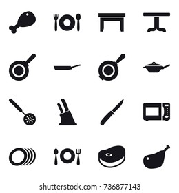 16 vector icon set : chicken leg, cafe, table, pan, skimmer, knife holder, knife