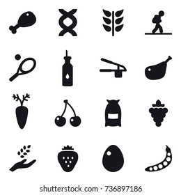 16 vector icon set : chicken leg, tourist, tennis, garlic clasp, cherry, flour, grape, harvest, strawberry, egg, peas
