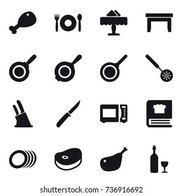16 vector icon set : chicken leg, cafe, restaurant, table, pan, skimmer, knife holder, knife, wine