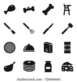 16 vector icon set : chicken leg, bone, Chair for babies, spatula, big fork, knife, meat hammer, flour, cheese