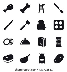16 vector icon set : chicken leg, Chair for babies, spatula, knife, meat hammer, flour, potato