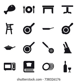 16 vector icon set : chicken leg, cafe, table, Chair for babies, pan, skimmer, knife holder, wine