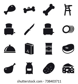 16 vector icon set : chicken leg, bone, Chair for babies, toaster, knife, flour, potato, cheese