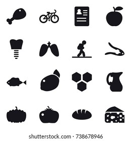 16 vector icon set : chicken leg, bike, tourist, walnut crack, honeycombs, jug, pumpkin, tomato, bread, cheese