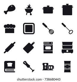 16 vector icon set : chicken leg, bbq, pan, chef  hat, cutting board, whisk, rolling pin