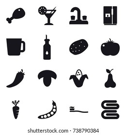 16 vector icon set : chicken leg, cocktail, water tap, fridge, cup, hot pepper, mushroom, corn, pear, carrot, peas, tooth brush, stack of towels