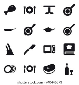 16 vector icon set : chicken leg, cafe, table, pan, knife holder, chef knife, wine