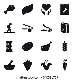 16 vector icon set : chicken leg, tourist, garlic clasp, walnut crack, mortar, berry, corn, carrot