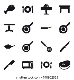 16 vector icon set : chicken leg, cafe, restaurant, table, pan, skimmer, knife, chef knife