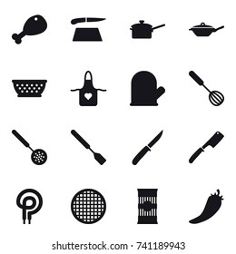 16 vector icon set : chicken leg, cutting board, saute pan, pan, kolander, apron, cook glove, whisk, skimmer, spatula, knife, chef knife, hot pepper