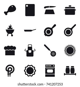 16 vector icon set : chicken leg, cutting board, pan, bbq, chef  hat, apron, skimmer