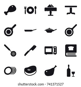 16 vector icon set : chicken leg, cafe, restaurant, table, pan, skimmer, chef knife, wine