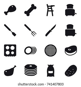 16 vector icon set : chicken leg, Chair for babies, toaster, spatula, big fork, knife, flour, potato