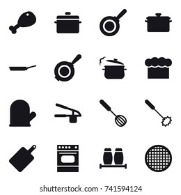 16 vector icon set : chicken leg, pan, steam pan, chef  hat, cook glove, garlic clasp, whisk, cutting board