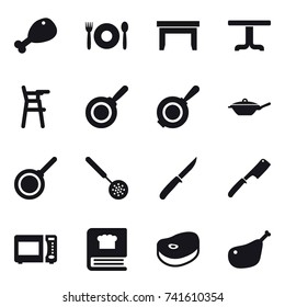 16 vector icon set : chicken leg, cafe, table, Chair for babies, pan, skimmer, knife, chef knife