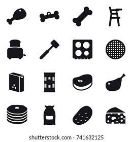 16 vector icon set : chicken leg, bone, Chair for babies, toaster, meat hammer, flour, potato, cheese
