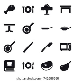 16 vector icon set : chicken leg, cafe, restaurant, table, pan, knife, chef knife