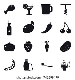 16 vector icon set : chicken leg, cocktail, cup, corkscrew, hot pepper, cherry, tomato, strawberry, carrot, potato, peas, shampoo, tooth brush, wiping