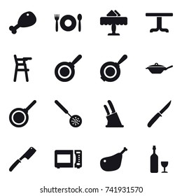 16 vector icon set : chicken leg, cafe, restaurant, table, Chair for babies, pan, skimmer, knife holder, knife, chef knife, wine