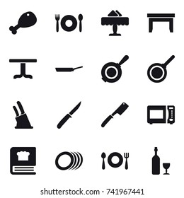 16 vector icon set : chicken leg, cafe, restaurant, table, pan, knife holder, knife, chef knife, wine