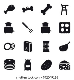 16 vector icon set : chicken leg, bone, Chair for babies, toaster, big fork, flour, potato, cheese