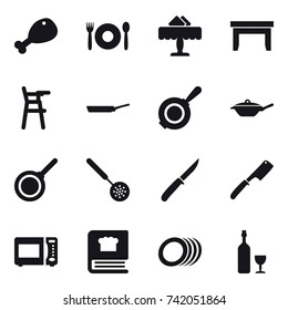 16 vector icon set : chicken leg, cafe, restaurant, table, Chair for babies, pan, skimmer, knife, chef knife, wine