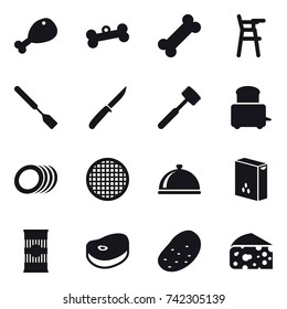 16 vector icon set : chicken leg, bone, Chair for babies, spatula, knife, meat hammer, potato, cheese