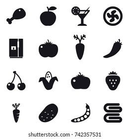 16 vector icon set : chicken leg, cocktail, cooler fan, fridge, hot pepper, cherry, corn, tomato, strawberry, carrot, potato, peas, stack of towels