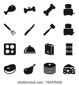 16 vector icon set : chicken leg, bone, toaster, big fork, knife, meat hammer, cheese