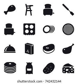 16 vector icon set : chicken leg, Chair for babies, toaster, spatula, flour, potato, cheese