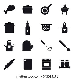16 vector icon set : chicken leg, pan, bbq, colander, apron, cook glove, whisk, big spoon, rolling pin, cutting board