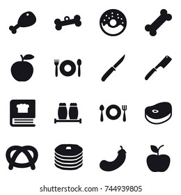 16 vector icon set : chicken leg, bone, donut, cafe, knife, chef knife, eggplant, apple